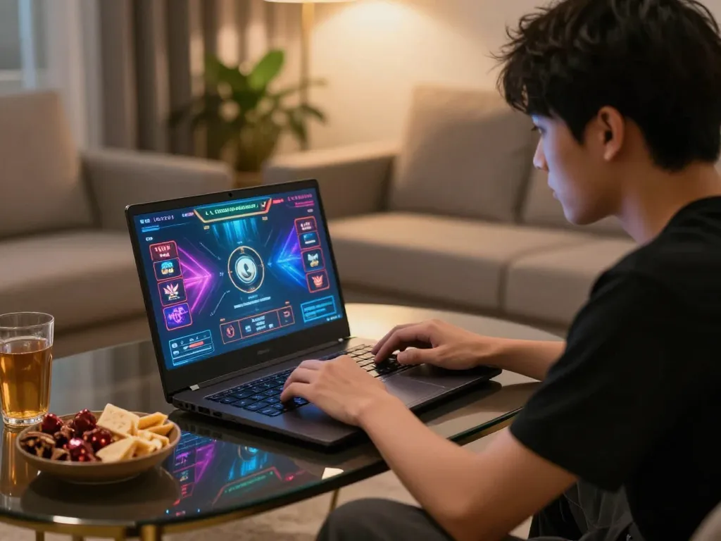 Xocdiaonline player engaging in online game from home, showcasing colorful interface and focused gameplay