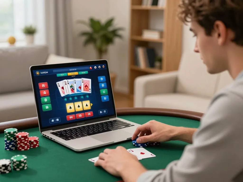 Experience an engaging online poker game with 78wind in a cozy home setup, highlighting strategic betting.