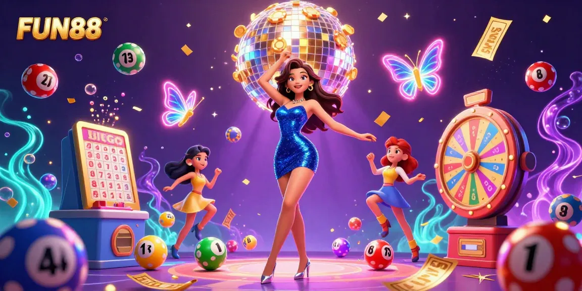 Experience FUN88 with a glamorous woman dancing among vibrant casino elements and lottery excitement.