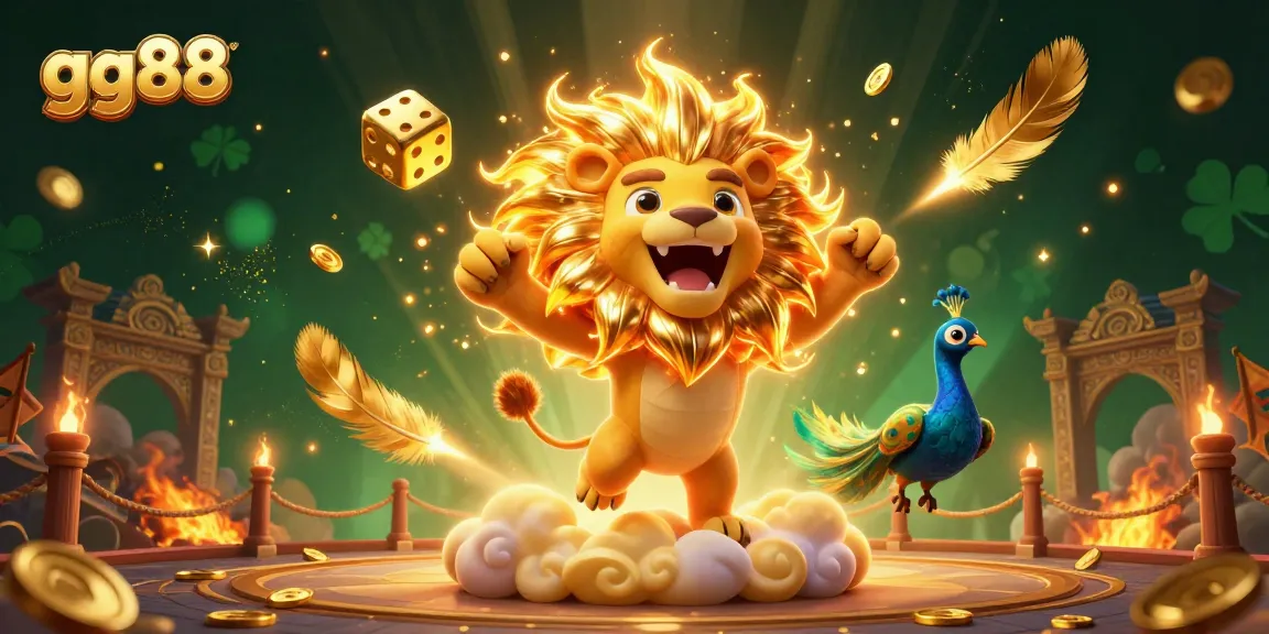 Immerse in the excitement of gg88 with this vibrant 3D casino scene featuring a roaring sun lion and golden dice.