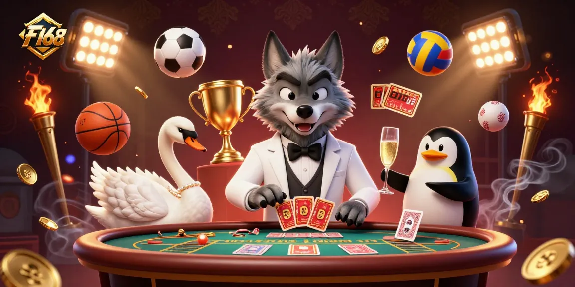 Engage with F168's thrilling casino experience featuring a debonair wolf and elegant swan.
